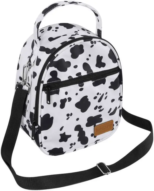 Main image of Joymee Insulated Small Lunch Bag Women Men Shoulder Strap-Cow Print White | Reusable Cooler Bag Adult Cute Lunch Tote Bags with Front Zipper Pocket,Adjustable for Work Office Picnic Travel