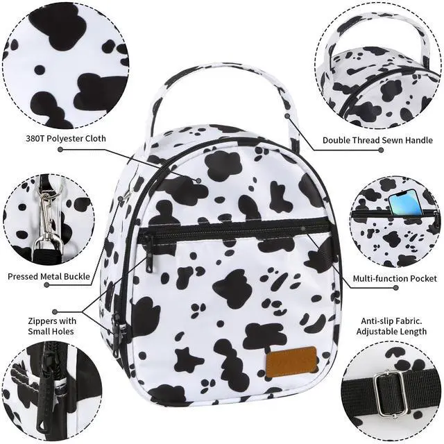 Alt view image 2 of 7 - Joymee Insulated Small Lunch Bag Women Men Shoulder Strap-Cow Print White | Reusable Cooler Bag Adult Cute Lunch Tote Bags with Front Zipper Pocket,Adjustable for Work Office Picnic Travel