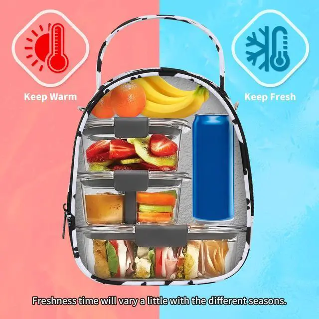 Alt view image 3 of 7 - Joymee Insulated Small Lunch Bag Women Men Shoulder Strap-Cow Print White | Reusable Cooler Bag Adult Cute Lunch Tote Bags with Front Zipper Pocket,Adjustable for Work Office Picnic Travel