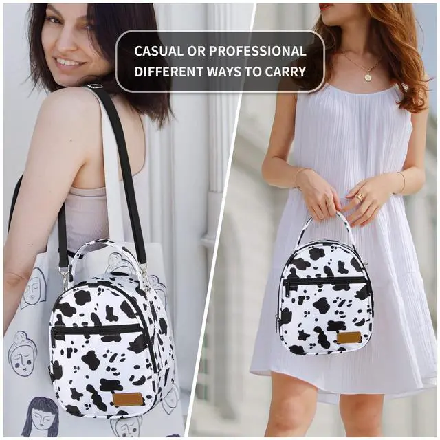 Alt view image 6 of 7 - Joymee Insulated Small Lunch Bag Women Men Shoulder Strap-Cow Print White | Reusable Cooler Bag Adult Cute Lunch Tote Bags with Front Zipper Pocket,Adjustable for Work Office Picnic Travel