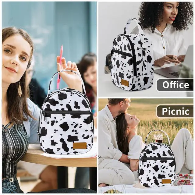 Alt view image 7 of 7 - Joymee Insulated Small Lunch Bag Women Men Shoulder Strap-Cow Print White | Reusable Cooler Bag Adult Cute Lunch Tote Bags with Front Zipper Pocket,Adjustable for Work Office Picnic Travel