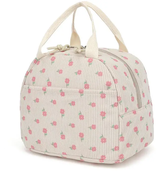 Main image of Xunteny Corduroy Lunch Box for Women Girls, Insulated Lunch Bag Reusable Cooler Tote Bags for Work Picnic School Travel (Beige Corduroy Pink Flowers)