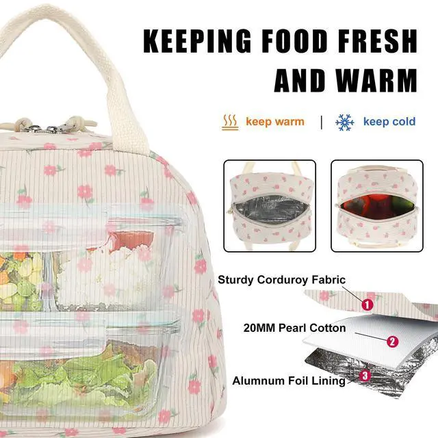 Alt view image 3 of 6 - Xunteny Corduroy Lunch Box for Women Girls, Insulated Lunch Bag Reusable Cooler Tote Bags for Work Picnic School Travel (Beige Corduroy Pink Flowers)