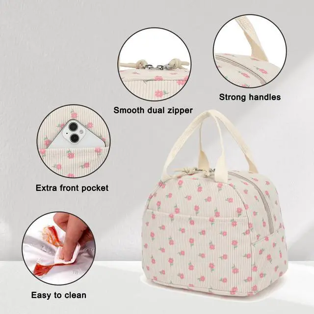 Alt view image 4 of 6 - Xunteny Corduroy Lunch Box for Women Girls, Insulated Lunch Bag Reusable Cooler Tote Bags for Work Picnic School Travel (Beige Corduroy Pink Flowers)