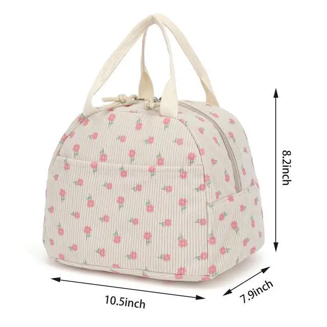 Alt view image 5 of 6 - Xunteny Corduroy Lunch Box for Women Girls, Insulated Lunch Bag Reusable Cooler Tote Bags for Work Picnic School Travel (Beige Corduroy Pink Flowers)
