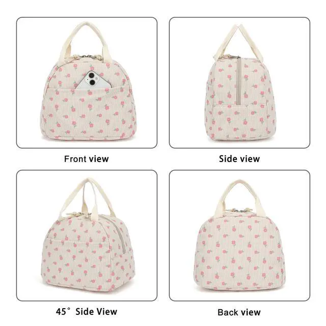 Alt view image 6 of 6 - Xunteny Corduroy Lunch Box for Women Girls, Insulated Lunch Bag Reusable Cooler Tote Bags for Work Picnic School Travel (Beige Corduroy Pink Flowers)
