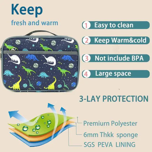 Alt view image 5 of 7 - Kulle Lunch Box Kids, Insulated Dinosaur Bag for Boys | 600D Oxford & Waterproof PEVA Liner,10×3.9×7.5in,Leakproof Washable, Large Capacity, School Outdoor Use, For Kids 6+