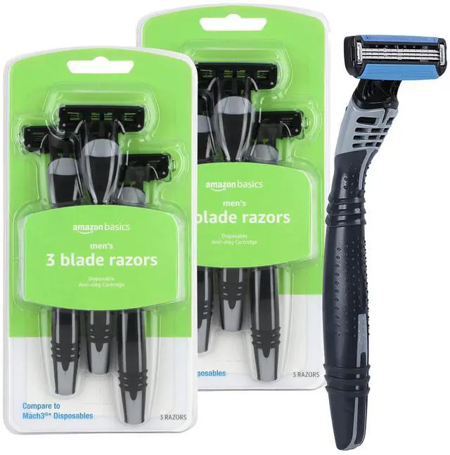 Main image of Amazon Basics 3-Blade Disposable Razors for Men, Close and Comfortable Shave, Reduces Irritation, 6 Count, 2 Packs of 3 (Previously Solimo)