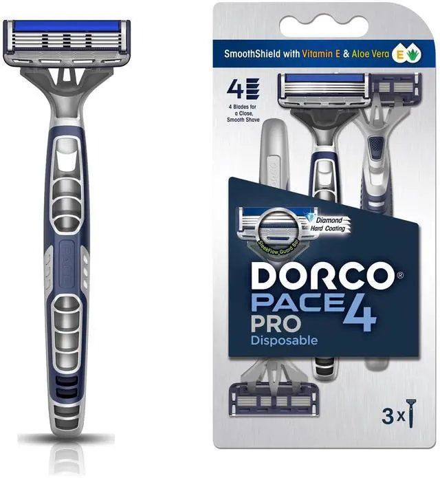 Main image of DORCO Pace Pro 4 Disposable Razors, 3 pack - Long Lasting 4 Blade Technology with a Precision Trimmer, Safety Guard Bar, Pivoting Head and Non-Slip Rubber Handle (3 Razors)