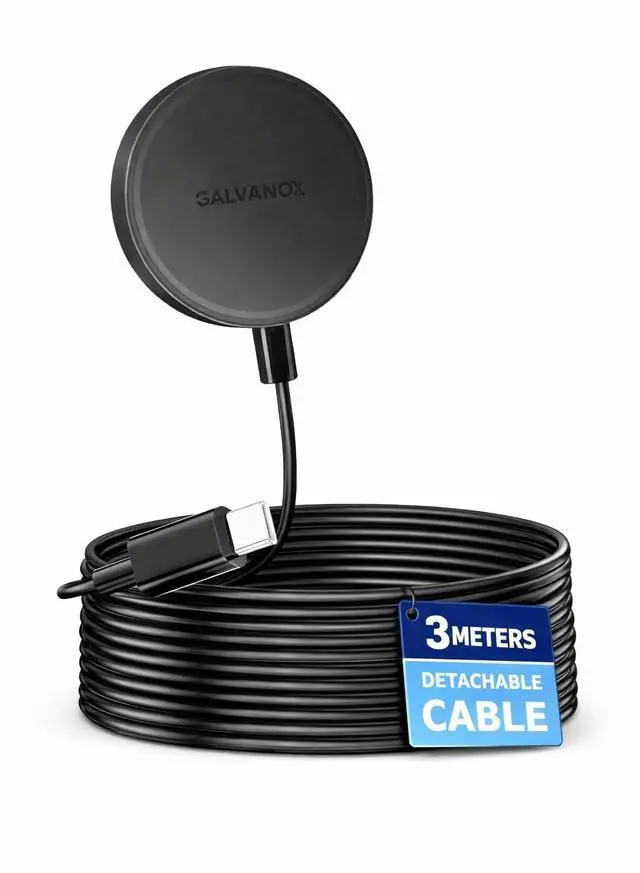 Main image of Galvanox Long Wireless Charger, Compatible with MagSafe (10 Foot Cable) Magnetic 15W Fast Charging Pad for iPhone with Flexible, Removable Cord (Black)