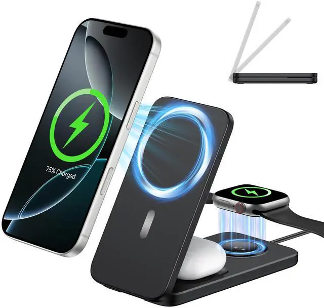 Main image of XNYAND 3 in 1 Magnetic Wireless Charging Station for Apple Multiple Devices | Compatible Magsafe Charging Stand, Magnetic Charger for iphone 17-12, Apple Watch Ultra/Series and AirPods, Foldable stand