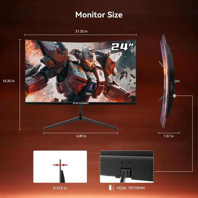 Alt view image 7 of 7 - Raywego 24 Inch Curved Gaming Monitor 180Hz FHD 1080P, 3000R, 1ms MPRT, Frameless, FreeSync, Eye Care, DP&HDMI Ports, Wall Mountable(75x75mm), 250cd/m² , Brightness 99% sRGB, VA Panel, Black