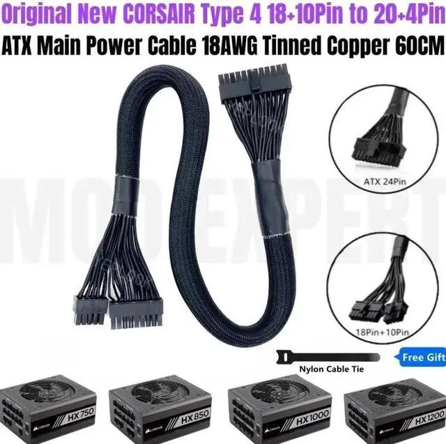 Main image of JAENFONG Original NEW 18+10Pin to 24Pin ATX Modular Power Cable for CORSAIR HX750, HX850, HX1000, HX1200 PLATINUM Type 4 PSU 18AWG 60CM