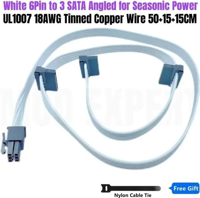 Main image of JAENFONG White 6Pin to 3 SATA Right Angle SSD HDD Modular Power Cable for Seasonic VERTEX GX-1200 GX-1000 WHITE Power Supply Unit 18AWG