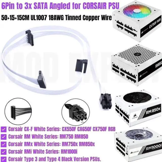 Alt view image 4 of 4 - JAENFONG 6Pin to 3 SATA Right Angled HDD SSD Power Cable for CORSAIR White Modular Power Supply RM750x RM850x RM750i RM850i RM1000i 18AWG