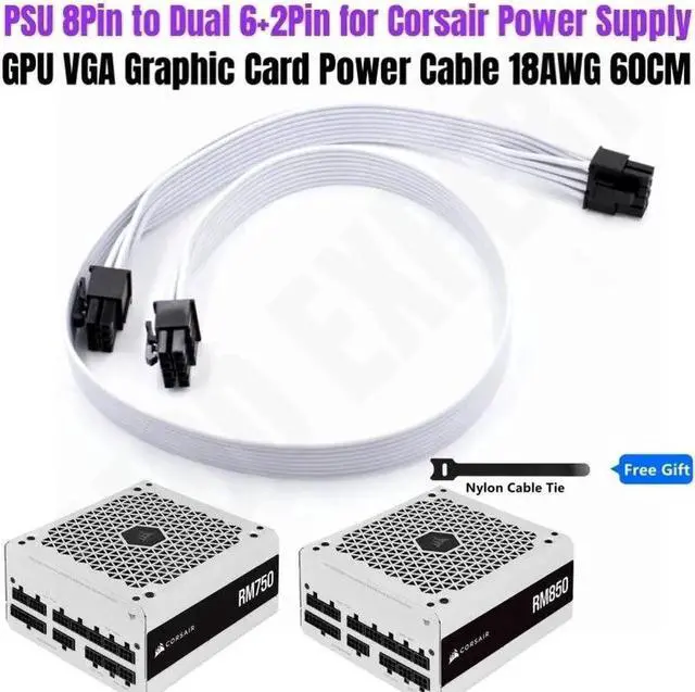 Main image of JAENFONG White PSU 8Pin to PCIe Dual 6+2Pin GPU Power Cable 18AWG 60CM for CORSAIR RM750 RM850 RM Series (2021) Modular Power Supply Unit