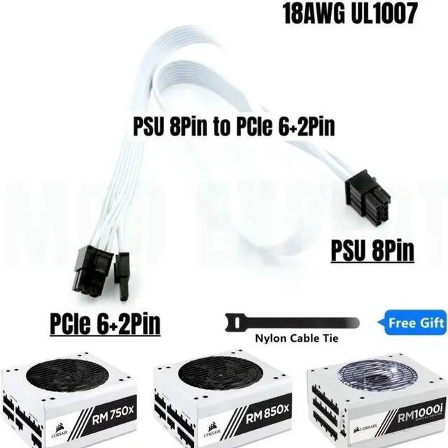 Main image of JAENFONG White GPU Power Cable PSU 8Pin to PCIe 6+2Pin for CORSAIR RM750x RM850x RM1000i RMx/RMi Series Modular Power Supply 18AWG 60cm