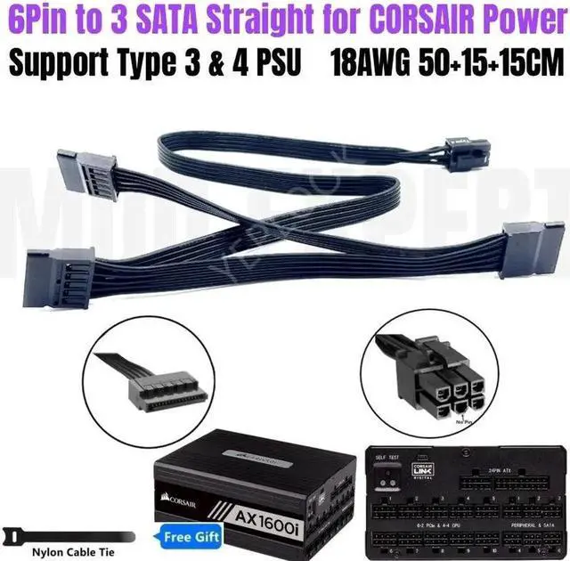 Main image of AX1600i 6Pin to 3x SATA Riser Card Hard Drive SSD HDD Power Cable 50+15+15CM 18AWG for CORSAIR Type 3 & 4 Modular Power Supply