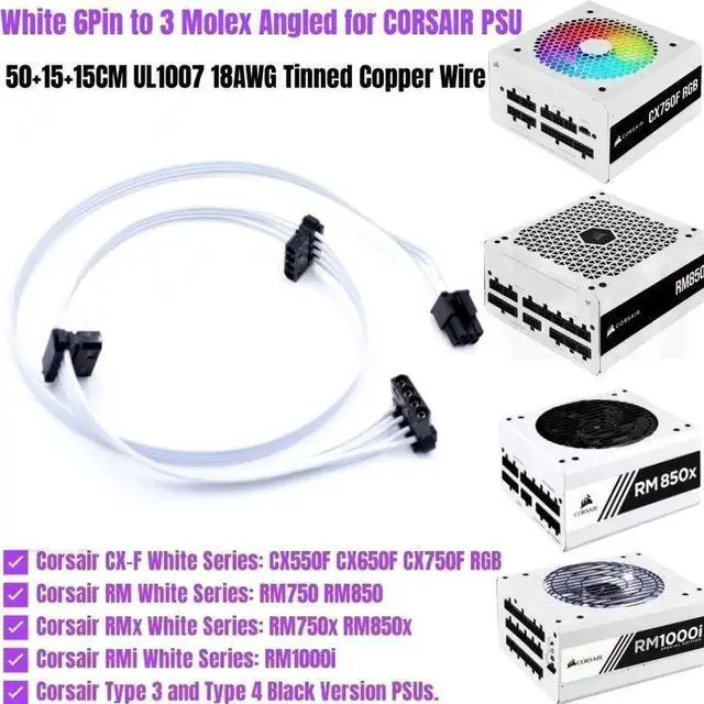 Main image of JAENFONG White 6Pin to 3 Molex Fan Power Cable for CORSAIR RM750i RM850i RM1000i RM750 RM850 RM750x RM850x CX550F CX650F C750F Power Unit
