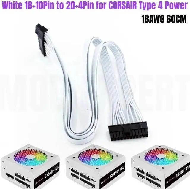 Main image of JAENFONG White 18+10Pin to 20+4Pin 24Pin ATX Main Power Flat Cable 18AWG 60CM for CORSAIR CX550F CX650F CX750F RGB Type 4 Modular PSU