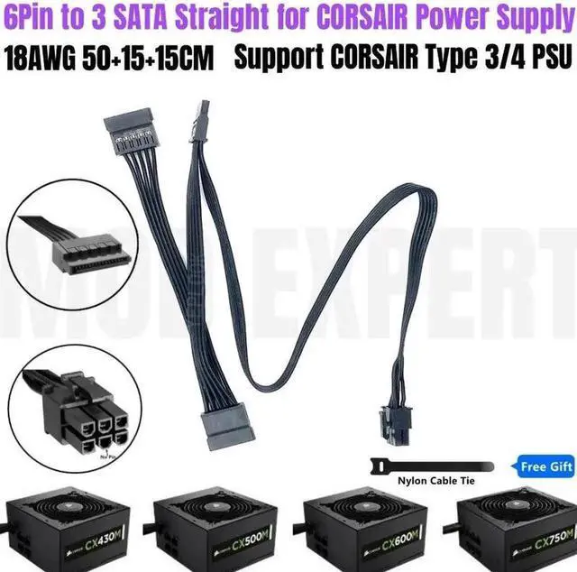 Main image of JAENFONG 6Pin to 3 SATA Straight SSD HDD Riser Card Power Cable for CORSAIR CX430M CX500M CX600M CX750M CX850M Semi Modular PSU 18AWG