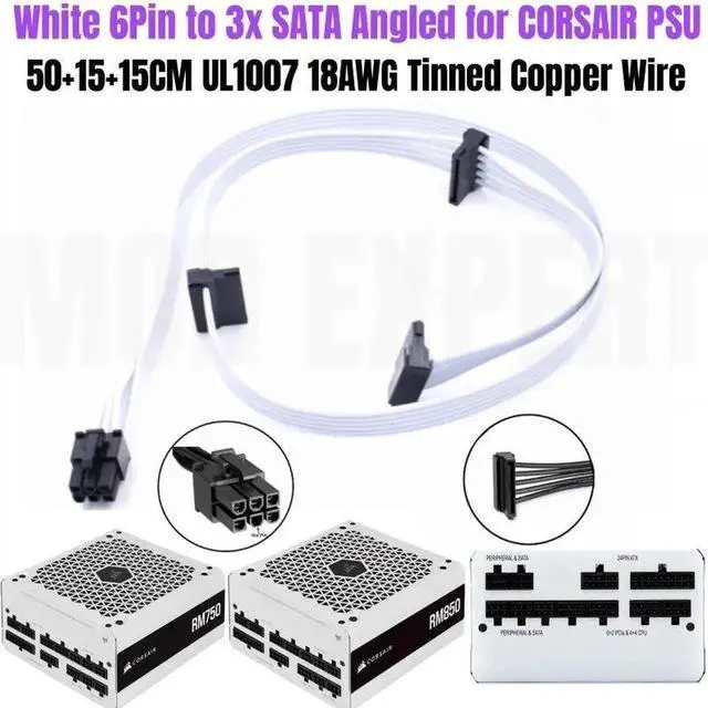 Alt view image 3 of 3 - JAENFONG White 6Pin to 3x SATA Right Angled HDD SSD Power Cable for CORSAIR White RM750 RM850 Modular Power Supply Unit 50+15+15CM 18AWG