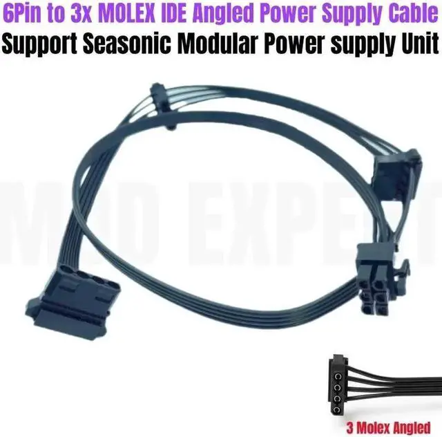 Main image of JAENFONG 6Pin to 3 Molex Right Angle IDE 4Pin Peripheral Power Cable for Seasonic GX-650, GX-550, GX-500 GOLD Modular Power Power Supply