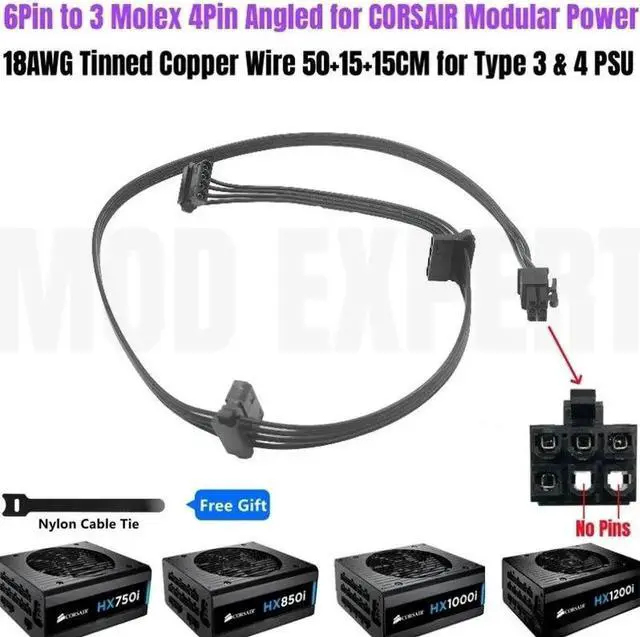 Main image of JAENFONG 6Pin to 3 Molex IDE PATA Perif 4Pin Angled Optical HDD Floppy Drive Fan Power Cable for CORSAIR HX750i, HX850i, HX1000i, HX1200i