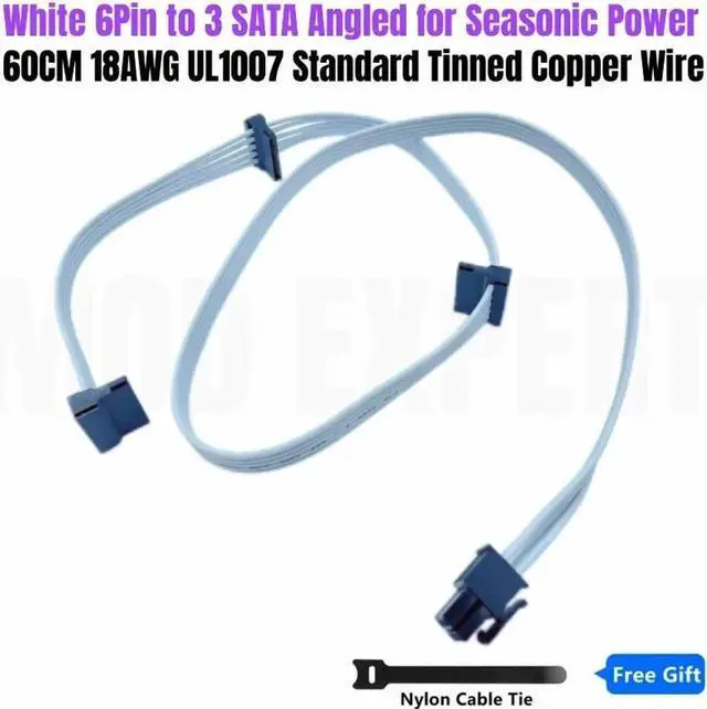 Main image of JAENFONG White 6Pin to 3 SATA Angled HDD SSD Power Cable for Seasonic FOCUS GX-1000 GX-850 GX-750 WHITE GOLD Modular Power Supply Unit