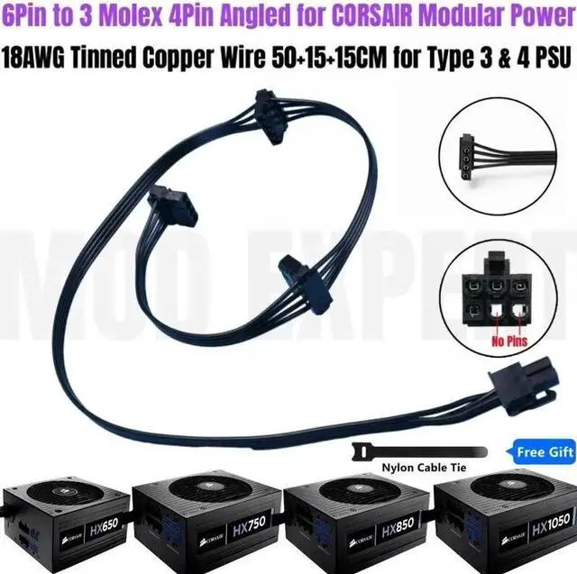 Main image of JAENFONG 6Pin to 3 Molex IDE PATA Perif 4Pin Angled HDD Floppy Drive Fan Power Cable for CORSAIR HX650, HX750, HX850, HX1050 Modular PSU
