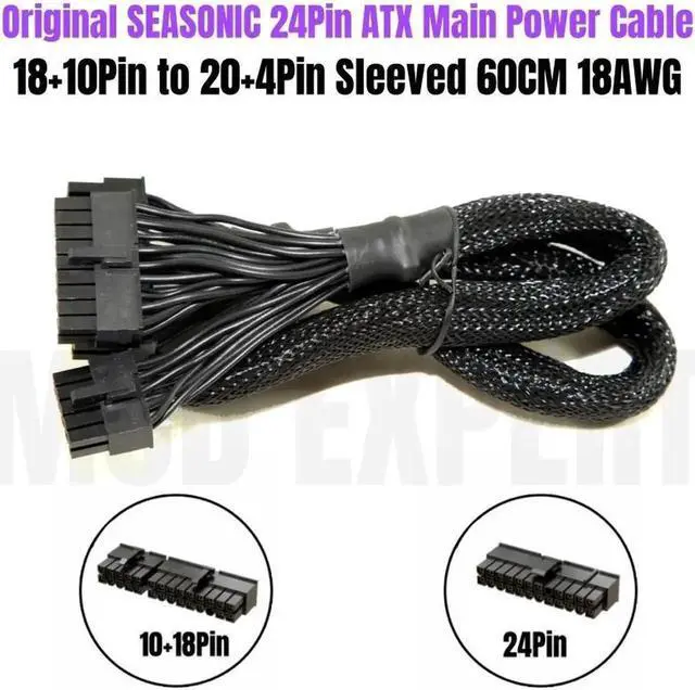 Alt view image 6 of 6 - JAENFONG Original SEASONIC Snow Silent 24Pin ATX Main Power Cable 18+10Pin to 20+4Pin Sleeved Net for 750W 1050W 1250W Modular PSU 60CM