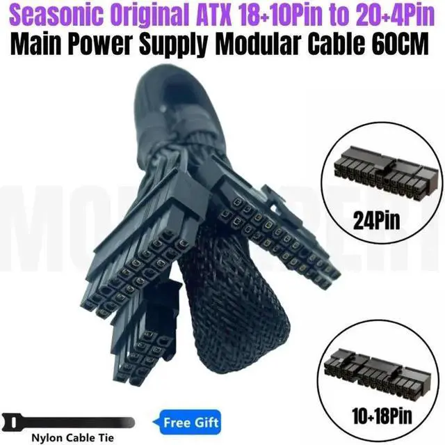 Main image of JAENFONG Original Seasonic PRIME 1000/850/750/650 Titanium 18+10Pin to 24Pin 20+4Pin ATX Main Power Supply Modular Cable Sleeved Net 60CM