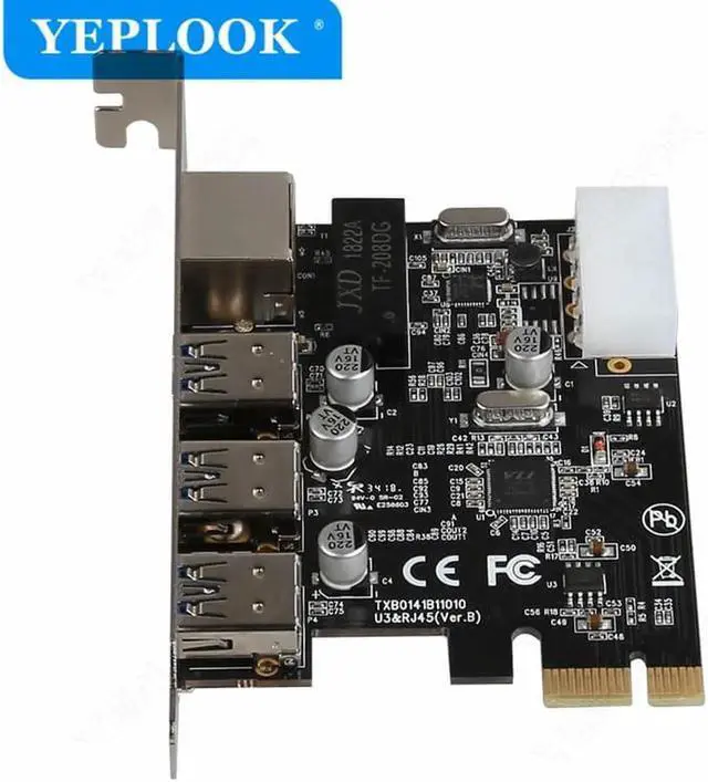 Alt view image 5 of 6 - JAENFONG PCIe 1X to 3 Ports USB3.0 + RJ45 1000Mbps LAN Gigabit Ethernet Network Card with 4Pin Power Supply Connector for Desktop PC