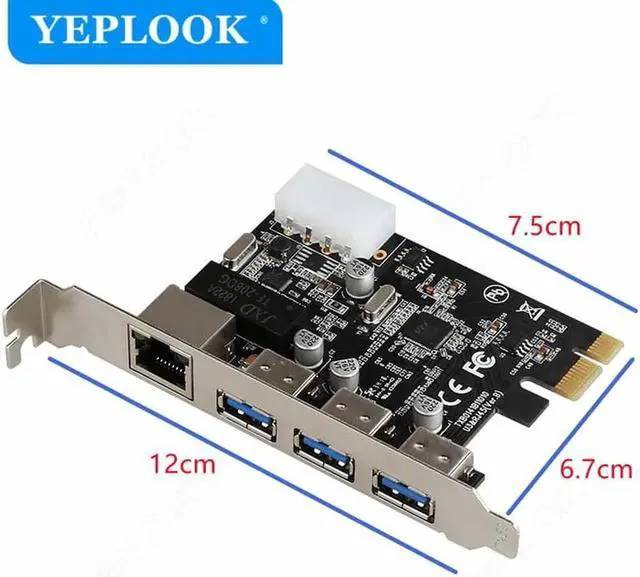 Alt view image 3 of 6 - JAENFONG PCIe 1X to 3 Ports USB3.0 + RJ45 1000Mbps LAN Gigabit Ethernet Network Card with 4Pin Power Supply Connector for Desktop PC