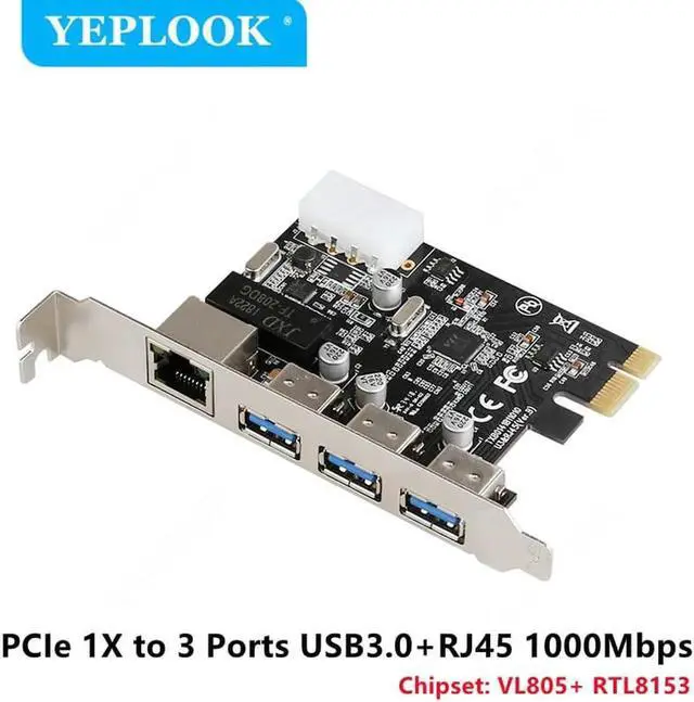 Main image of JAENFONG PCIe 1X to 3 Ports USB3.0 + RJ45 1000Mbps LAN Gigabit Ethernet Network Card with 4Pin Power Supply Connector for Desktop PC