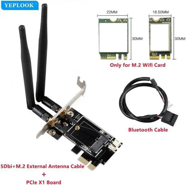 Main image of JAENFONG M.2 to PCIe 1x Desktop Wifi Adapter Card for Wifi Card AX210 AX200 AC9260 8265 8260 7265 7260 1535 QCNFA344 Free Bluetooth Cable