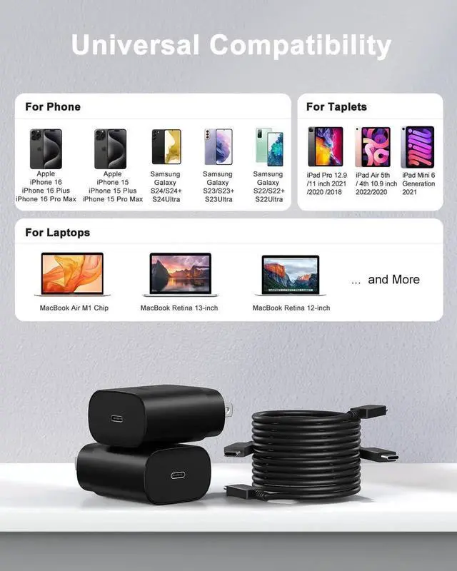 Alt view image 3 of 7 - Type C Charger Fast Charging USB C Charger Block 2-Pack 25W Phone Super Fast Charger with 6Ft USB-C Cable Compatible with iPhone 15/16/Plus/Pro/Pro Max Galaxy S25/S24/Plus/Ultra