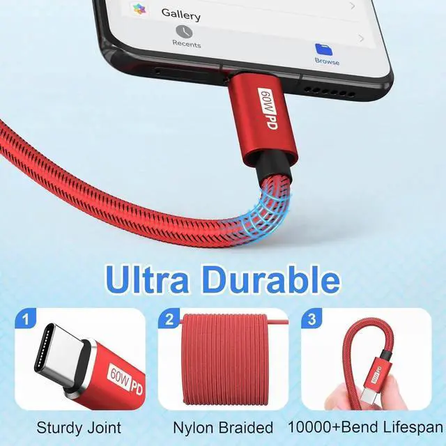 Alt view image 2 of 7 - JAENFONG USB C to USB C Cable 4-Pack 10ft C to C Cable Fast Charging C Cable 60W(5A) Nylon Braided Type C Cables for Phone 16/15 Series S24/23