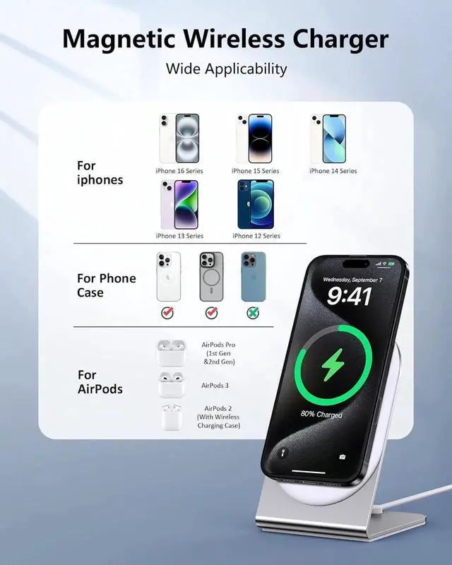 Alt view image 7 of 7 - Magnetic Wireless Charger Stand Certified 15W Fast Mag-Safe Charger with Sleep-Friendly Indicator Light for iPhone 16/15/14/13/12 Series Convertible Magnet Wireless Charging Station/Pad for AirPods