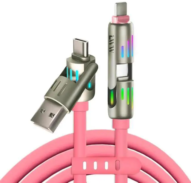 Main image of 240W 4-in-1 USB C Multi Charger Cable with LED Indicator PD 5A Fast Charging & Durable Silicone USB-A USB-C iOS Connectors for iPhone 4FT (Pink)
