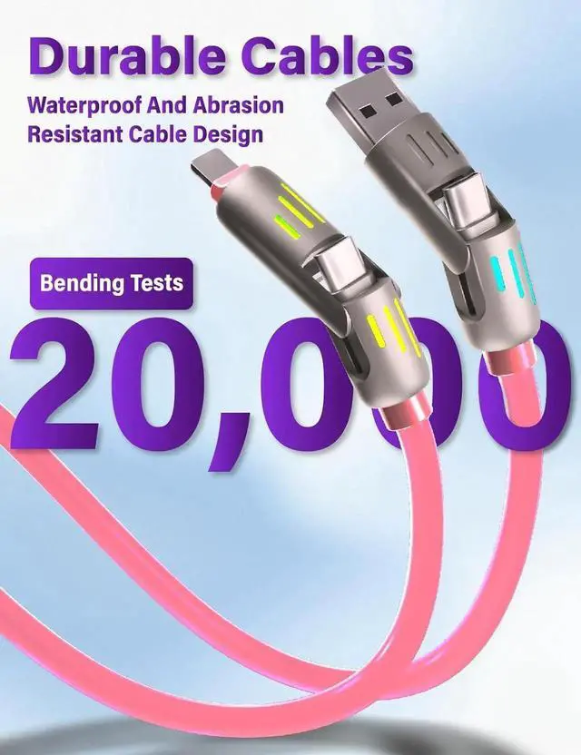 Alt view image 2 of 3 - 240W 4-in-1 USB C Multi Charger Cable with LED Indicator PD 5A Fast Charging & Durable Silicone USB-A USB-C iOS Connectors for iPhone 4FT (Pink)