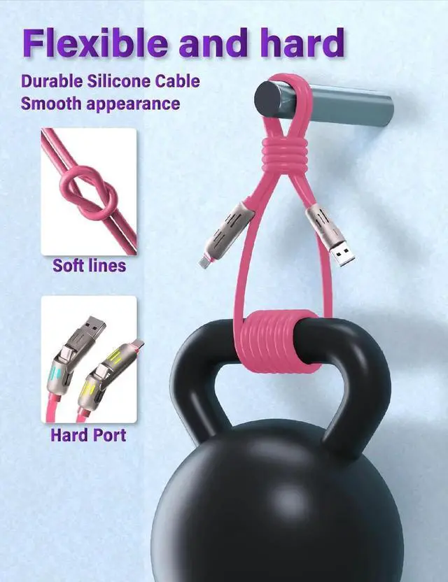 Alt view image 3 of 3 - 240W 4-in-1 USB C Multi Charger Cable with LED Indicator PD 5A Fast Charging & Durable Silicone USB-A USB-C iOS Connectors for iPhone 4FT (Pink)
