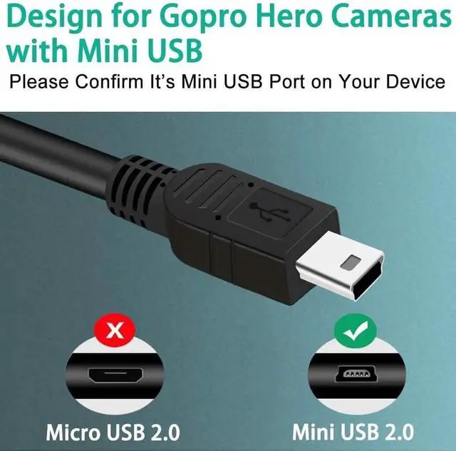 Alt view image 2 of 4 - Mini USB Cable for GoPro Hero 4 3 2 1-3ft Camera Data Sync and Charging Cord USB A to Mini B Fast Charger Cord for Gopro Hero 3+ Silver Black White