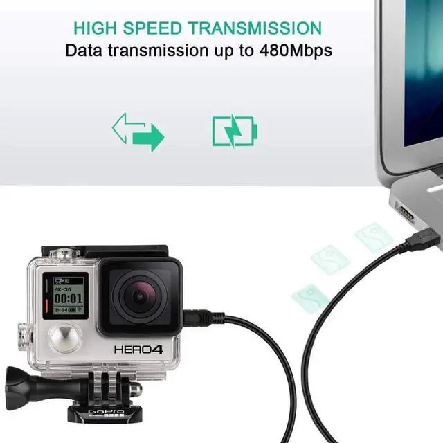 Alt view image 4 of 4 - Mini USB Cable for GoPro Hero 4 3 2 1-3ft Camera Data Sync and Charging Cord USB A to Mini B Fast Charger Cord for Gopro Hero 3+ Silver Black White