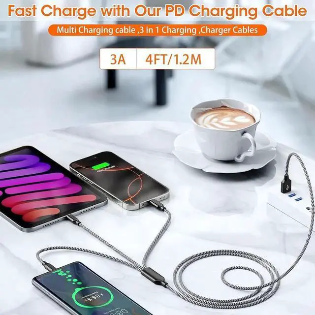 Alt view image 2 of 7 - Multi Charging Cable 4ft 2Pack USB Charger 3 in 1 Multi iPhone Charger Cable Nylon Braided MFi Certified USB Fast Charging Cord with Type-C/USB C Micro Lightning for Phone iPad iPhone Tablet