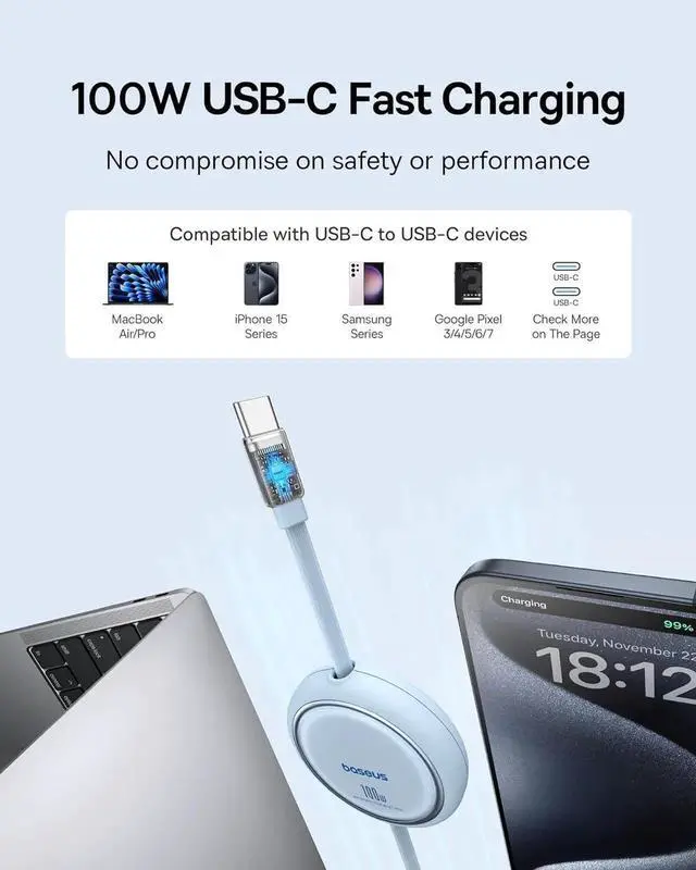 Alt view image 6 of 6 - USB C to USB C Cable 100W Retractable USB C 5A Fast Charging Cable 4-Stage Length Preset USB Type C Charger Cord for iPhone 16 15 Pro Plus Pro Max MacBook iPad S24/S23+ (3.3ft)