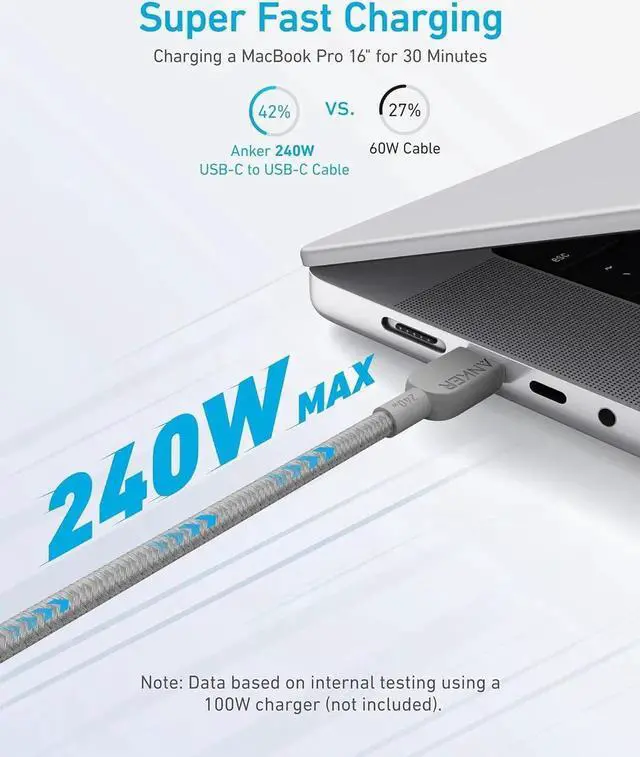 Alt view image 5 of 6 - USB C to USB C Cable (2Pack 6FT) 240W Type-C Fast Charging Cord for iPhone 16/15 Series MacBook Pro 2020 iPad Air 4 and More (Grey)