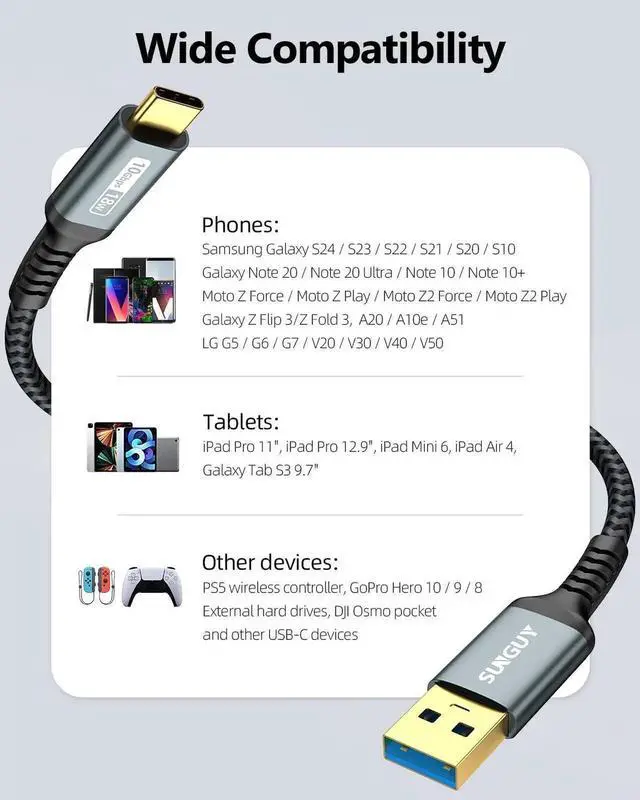 Alt view image 3 of 7 - 10Gbps USB C 3.1 Gen 2 Cable 4FT USB A to USB C 3A Fast Charging & Data Transfer Android Auto Cable Compatible with iPhone 15/15 Pro Max Galaxy S23 S22 Ultra Note 20 SSD