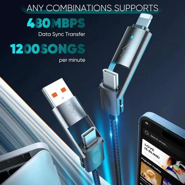 Alt view image 3 of 7 - 4 in 1 Charging Cable USB to USB C Cable 10 ft 60W Fast Charging Multi Charger Cord with Type C/USB A/Port for iPhone 16/15 /14/13 Series MacBook iPad Pixel Galaxy Tablets and More