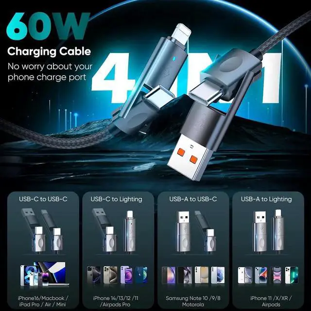 Alt view image 4 of 7 - 4 in 1 Charging Cable USB to USB C Cable 10 ft 60W Fast Charging Multi Charger Cord with Type C/USB A/Port for iPhone 16/15 /14/13 Series MacBook iPad Pixel Galaxy Tablets and More